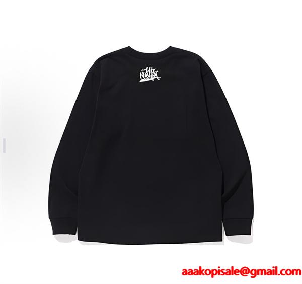  BAPE スーパーコピー 秋冬ストリートクール 定番 ホワイト メガネ猿人 ロゴ 長袖 T シャツ ベイプ