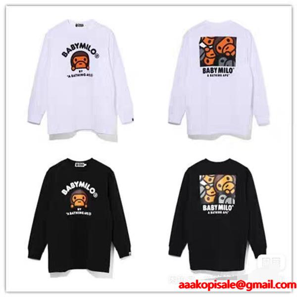 ホワイト × ブラック プリント 長袖 T シャツ ベイプ BAPE コピー 秋冬ストリート可愛らしい 