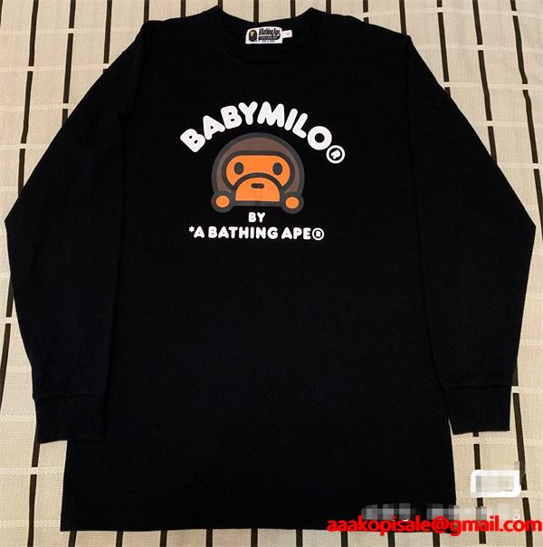 ホワイト × ブラック プリント 長袖 T シャツ ベイプ BAPE コピー 秋冬ストリート可愛らしい 