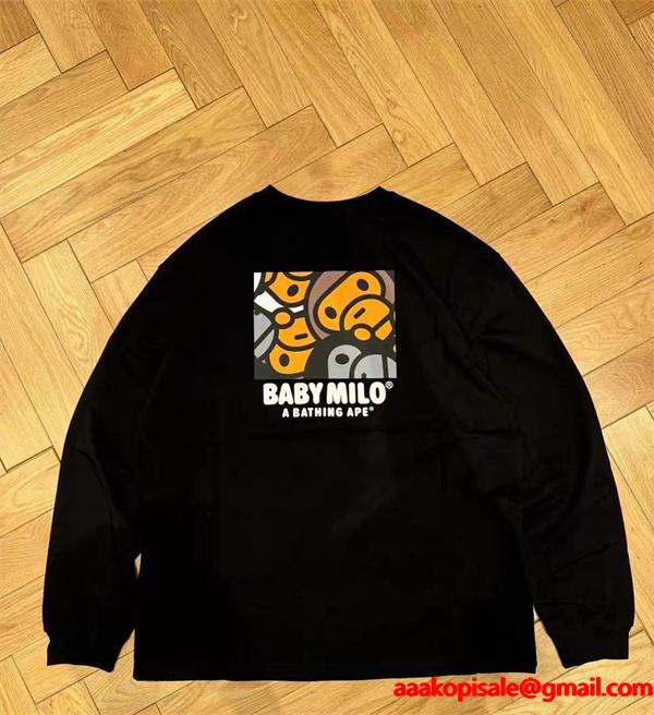 ホワイト × ブラック プリント 長袖 T シャツ ベイプ BAPE コピー 秋冬ストリート可愛らしい 