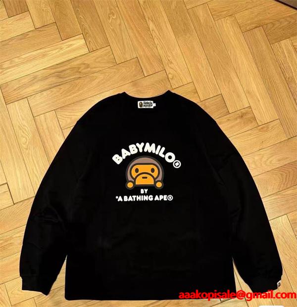 ホワイト × ブラック プリント 長袖 T シャツ ベイプ BAPE コピー 秋冬ストリート可愛らしい 