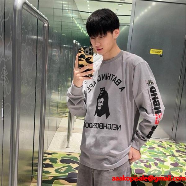 グレー コラボ スカル猿人 長袖 T シャツ ベイプ BAPE スーパーコピー 秋冬ストリートコラボ個性 