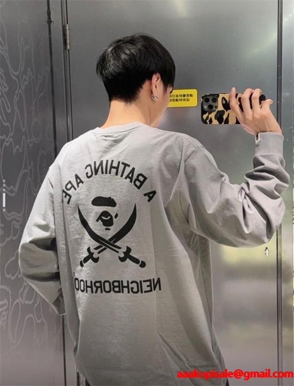 グレー コラボ スカル猿人 長袖 T シャツ ベイプ BAPE スーパーコピー 秋冬ストリートコラボ個性 