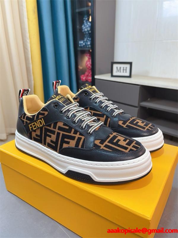 FENDI フェンディ 激安 メンズ スニーカー ローカット FF柄 レザー×キャンバス 軽量ソール おしゃれ カジュアル 新作