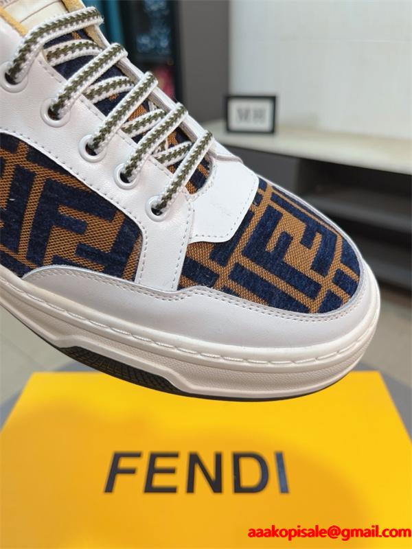 FENDI フェンディ 激安 メンズ スニーカー ローカット FF柄 レザー×キャンバス 軽量ソール おしゃれ カジュアル 新作