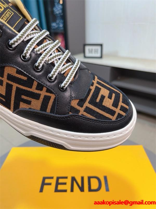 FENDI フェンディ 激安 メンズ スニーカー ローカット FF柄 レザー×キャンバス 軽量ソール おしゃれ カジュアル 新作