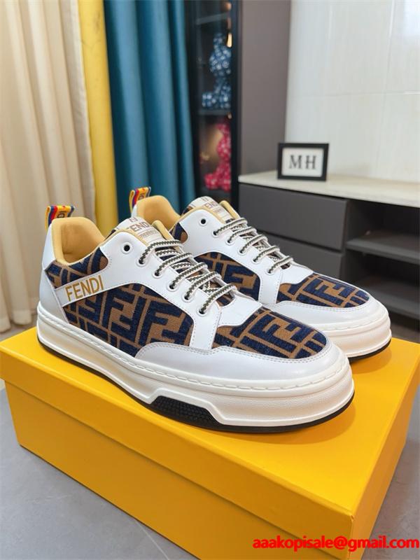 FENDI フェンディ 激安 メンズ スニーカー ローカット FF柄 レザー×キャンバス 軽量ソール おしゃれ カジュアル 新作