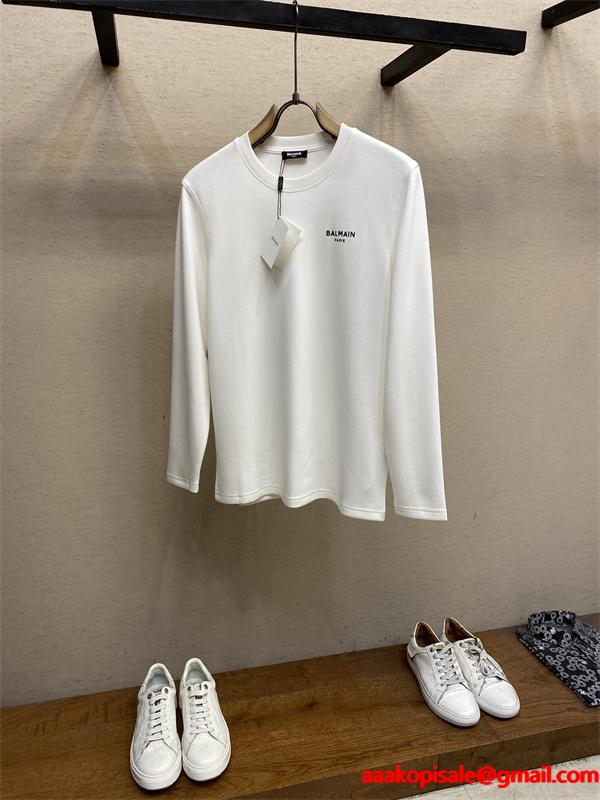  BALMAIN コピー 秋冬日常ベーシック 定番 ブラック × ホワイト 2 色 円领 ミニロゴ 長袖T シャツ バルマン