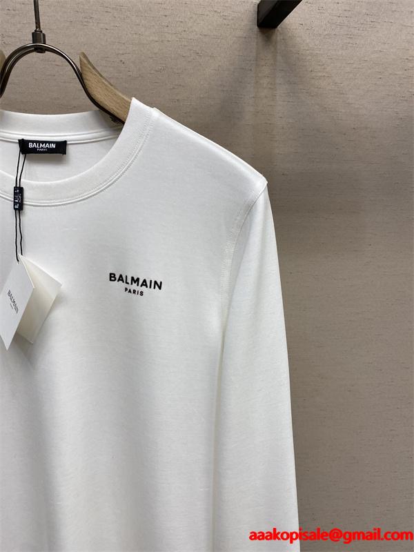  BALMAIN コピー 秋冬日常ベーシック 定番 ブラック × ホワイト 2 色 円领 ミニロゴ 長袖T シャツ バルマン