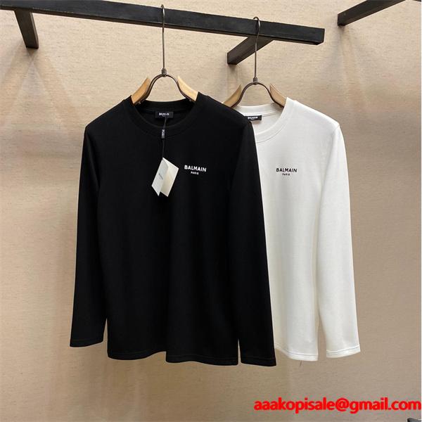  BALMAIN コピー 秋冬日常ベーシック 定番 ブラック × ホワイト 2 色 円领 ミニロゴ 長袖T シャツ バルマン