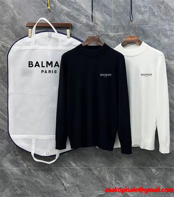 ブラック × ホワイト 半高领 ミニ字母ロゴ ニットセーター バルマン BALMAIN 偽物 秋冬日常保温 ユニセックス