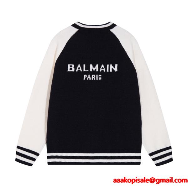 BALMAIN コピー 秋冬 スポーティ 定番 ブラック × ホワイト ベースボール風 ニットセーター バルマン