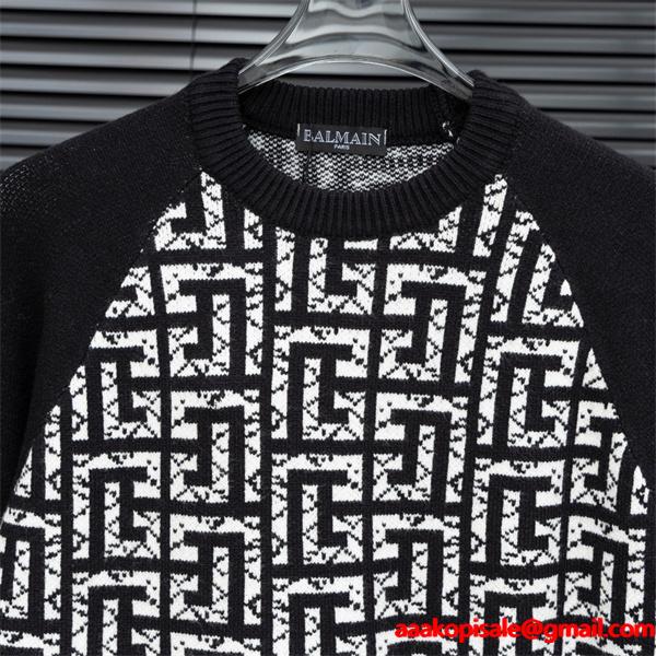 ブラック × ホワイト ジオメトリックロゴ ニットセーター バルマン BALMAIN コピー 秋冬 注目