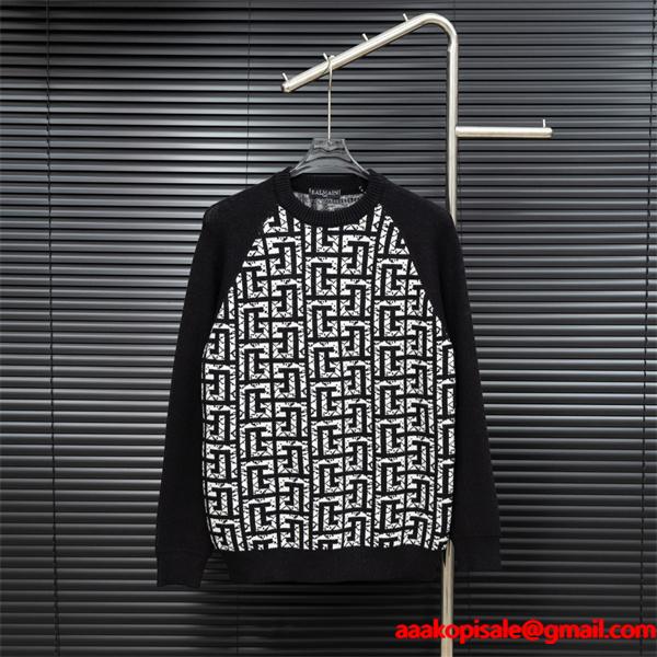 ブラック × ホワイト ジオメトリックロゴ ニットセーター バルマン BALMAIN コピー 秋冬 注目