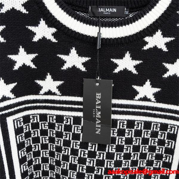  BALMAIN コピー 秋冬デザイン ブラック × ホワイト 星柄 × 幾何ロゴ ニットセーター バルマン