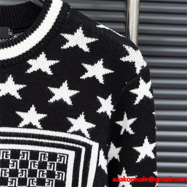  BALMAIN コピー 秋冬デザイン ブラック × ホワイト 星柄 × 幾何ロゴ ニットセーター バルマン