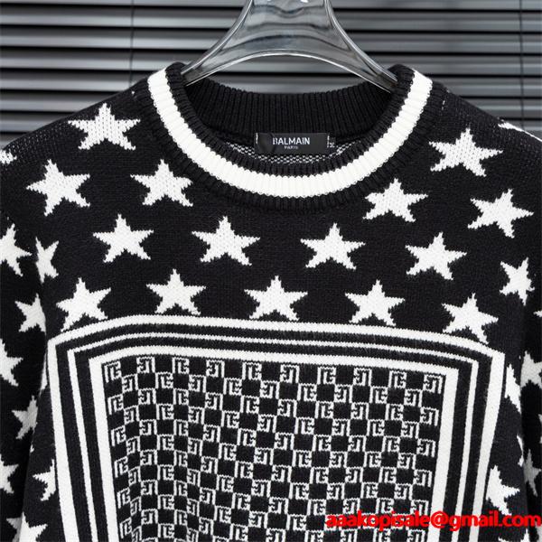  BALMAIN コピー 秋冬デザイン ブラック × ホワイト 星柄 × 幾何ロゴ ニットセーター バルマン