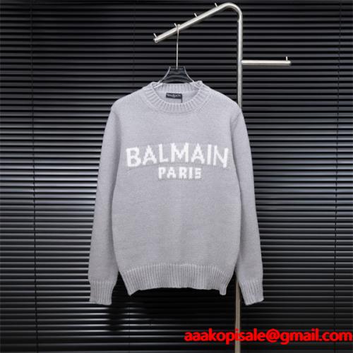 グレー 大ロゴ ニットセーター バルマン BALMAIN スーパーコピー 秋冬
