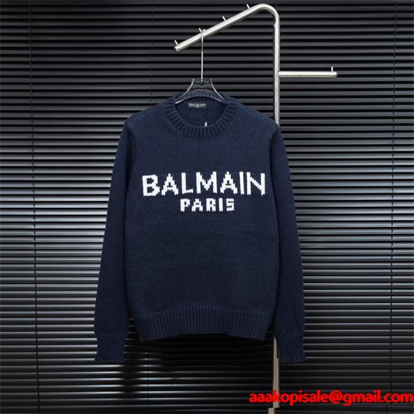グレー 大ロゴ ニットセーター バルマン BALMAIN スーパーコピー 秋冬日常シンプル定番