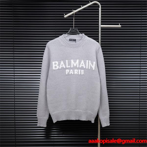 グレー 大ロゴ ニットセーター バルマン BALMAIN スーパーコピー 秋冬日常シンプル定番
