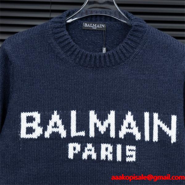 グレー 大ロゴ ニットセーター バルマン BALMAIN スーパーコピー 秋冬日常シンプル定番