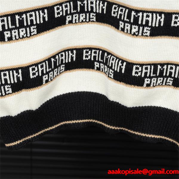 BALMAIN 偽物 秋冬ブランド 上質 ブラック × ホワイト ストライプ满印ロゴ ニットセーター バルマン