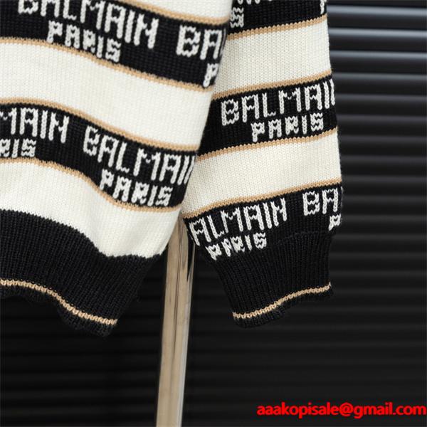 BALMAIN 偽物 秋冬ブランド 上質 ブラック × ホワイト ストライプ满印ロゴ ニットセーター バルマン