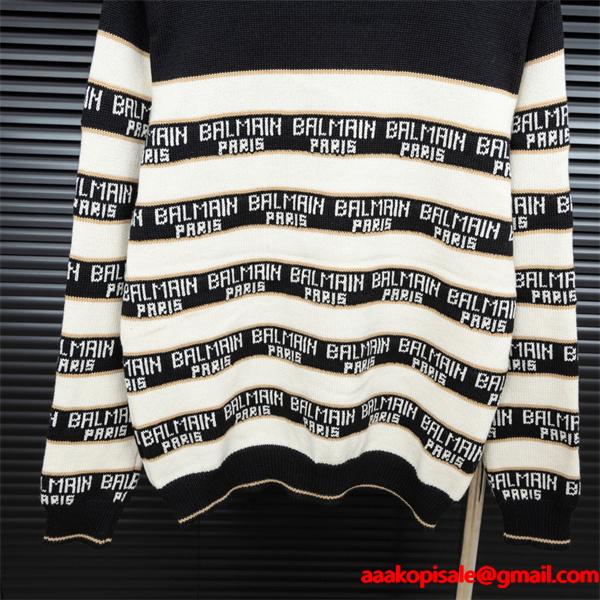 BALMAIN 偽物 秋冬ブランド 上質 ブラック × ホワイト ストライプ满印ロゴ ニットセーター バルマン