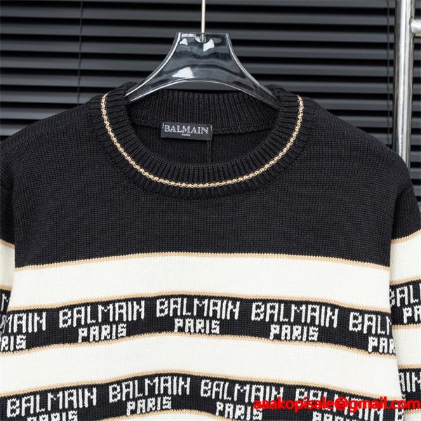 BALMAIN 偽物 秋冬ブランド 上質 ブラック × ホワイト ストライプ满印ロゴ ニットセーター バルマン