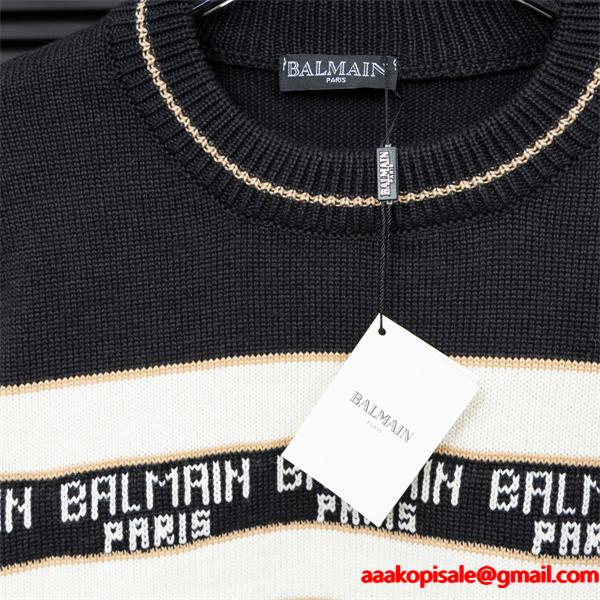 BALMAIN 偽物 秋冬ブランド 上質 ブラック × ホワイト ストライプ满印ロゴ ニットセーター バルマン