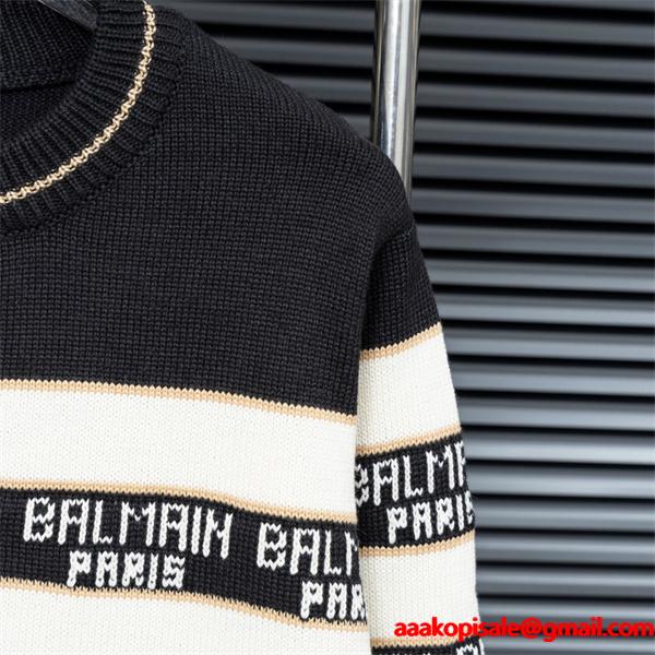 BALMAIN 偽物 秋冬ブランド 上質 ブラック × ホワイト ストライプ满印ロゴ ニットセーター バルマン