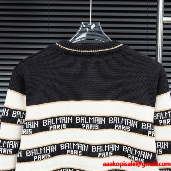 BALMAIN 偽物 秋冬ブランド 上質 ブラック × ホワイト ストライプ满印ロゴ ニットセーター バルマン