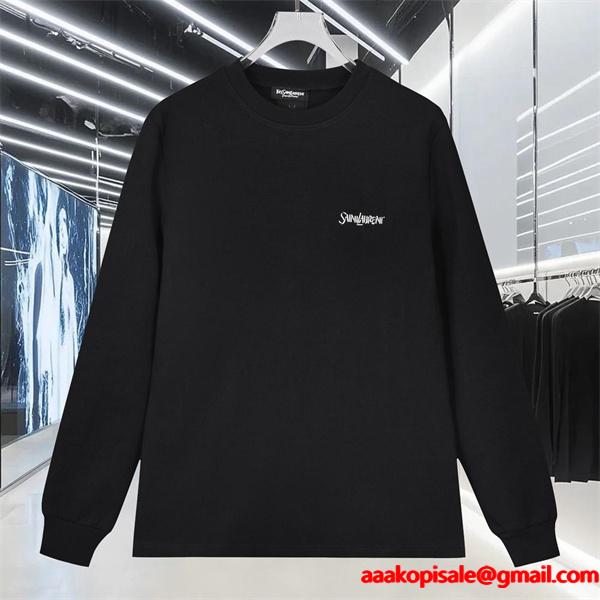   SAINT LAURENT コピー 秋冬ベーシック万能 ブラック ミニロゴ ロングスリーブ T シャツ サンローラン