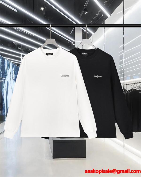   SAINT LAURENT コピー 秋冬ベーシック万能 ブラック ミニロゴ ロングスリーブ T シャツ サンローラン