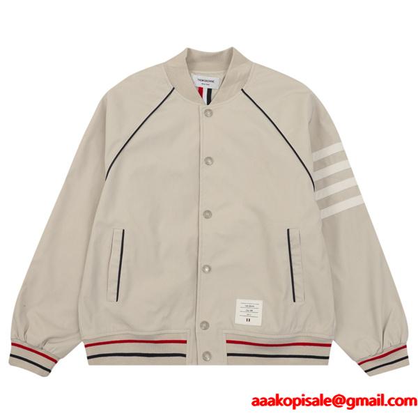 Thom Browne コピー 秋冬クリーン トレンド ベージュ クリーン 細条纹 ベースボールジャケット トムブラウン 