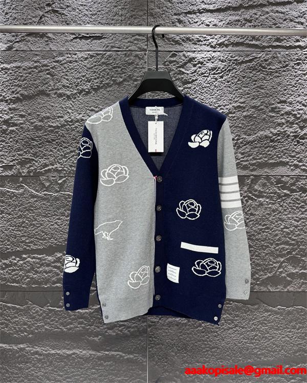 Thom Browne 偽物 秋冬ロマンティック 新作 ネイビー × グレー バラ刺繍  V 领 カーディガン トムブラウン