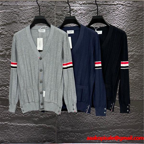 グレー × ネイビー × ブラック 3 色 リブ柄 红白条纹袖 カーディガン トムブラウン Thom Browne 偽物 秋冬洗練された 万能