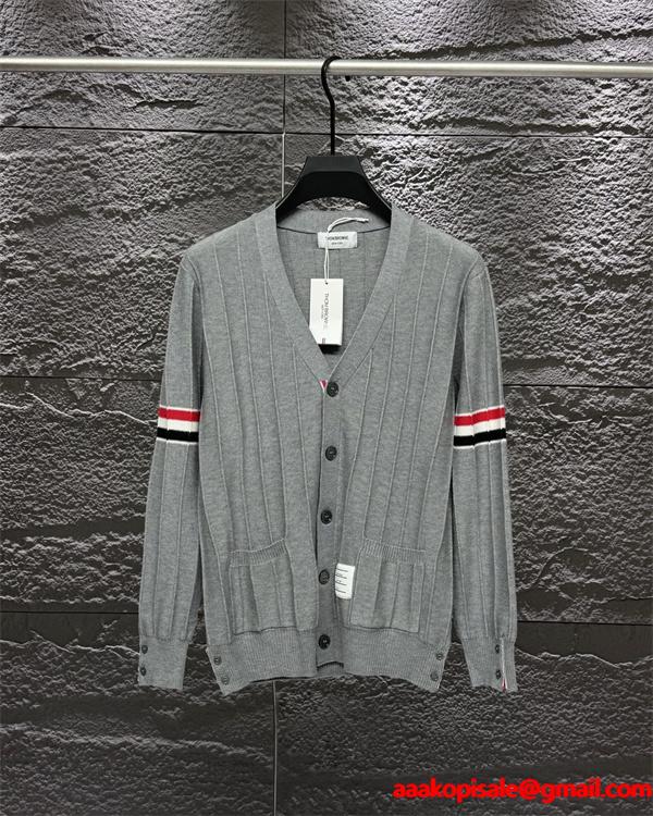グレー × ネイビー × ブラック 3 色 リブ柄 红白条纹袖 カーディガン トムブラウン Thom Browne 偽物 秋冬洗練された 万能
