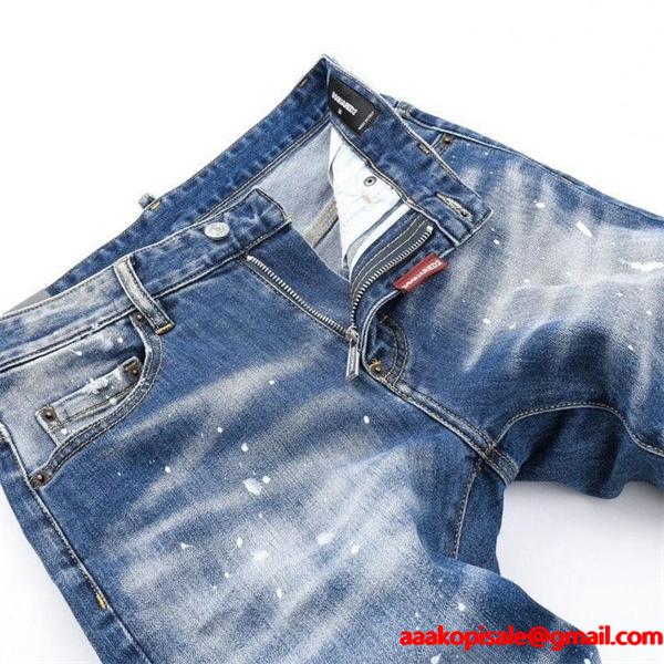 Dsquared2風 激安 スリムフィット ヴィンテージデニム メンズ ダメージ加工 スプラッシュペイント ジーンズ