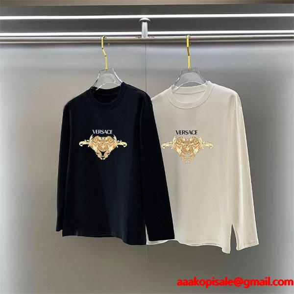 2025秋冬対応 プレミアム ブラック × ホワイト ゴールド双メデューサ 長袖Tシャツ ヴェルサーチ VERSACE コピー