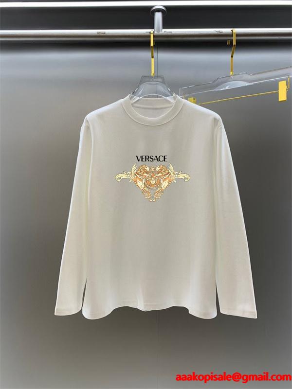 2025秋冬対応 プレミアム ブラック × ホワイト ゴールド双メデューサ 長袖Tシャツ ヴェルサーチ VERSACE コピー