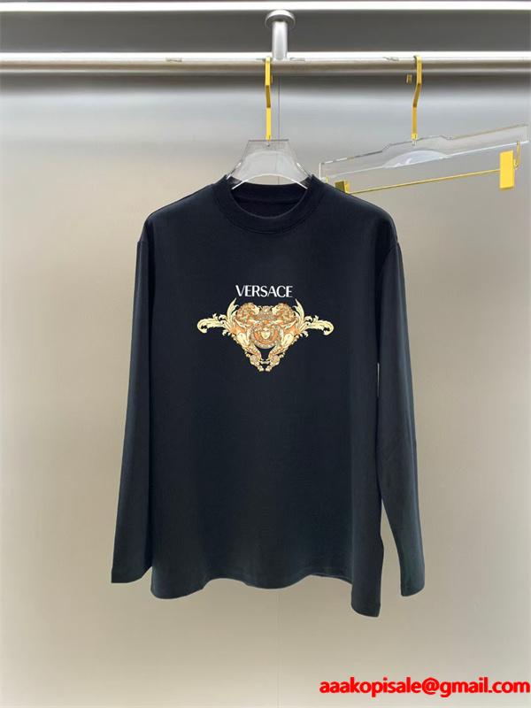 2025秋冬対応 プレミアム ブラック × ホワイト ゴールド双メデューサ 長袖Tシャツ ヴェルサーチ VERSACE コピー
