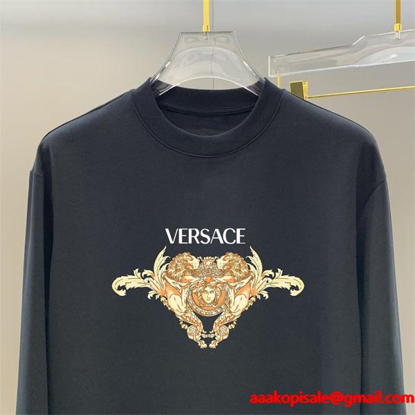 2025秋冬対応 プレミアム ブラック × ホワイト ゴールド双メデューサ 長袖Tシャツ ヴェルサーチ VERSACE コピー