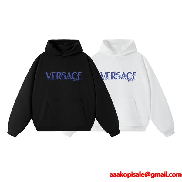2025秋冬アイコン 希少感 ブラック × ホワイト ブルーヴィンテージロゴ パーカー ヴェルサーチ VERSACE コピー