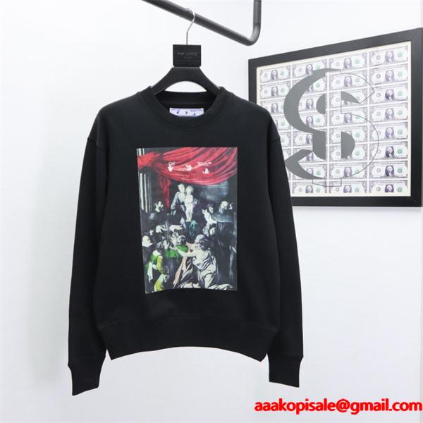 プリント シックな印象 ブラック パーカー Off-White オフホワイト 偽物 2025秋冬ダークスタイル 限定入手 