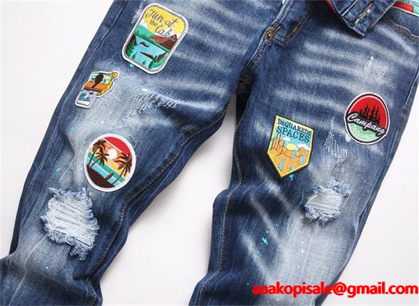 ライトブルー カラフルバッジ ダメージ デニムパンツ ディースクエアード DSQUARED2 偽物 秋冬 ポップで活気ある 人気