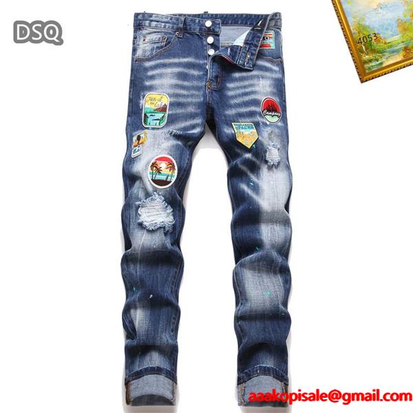 ライトブルー カラフルバッジ ダメージ デニムパンツ ディースクエアード DSQUARED2 偽物 秋冬 ポップで活気ある 人気