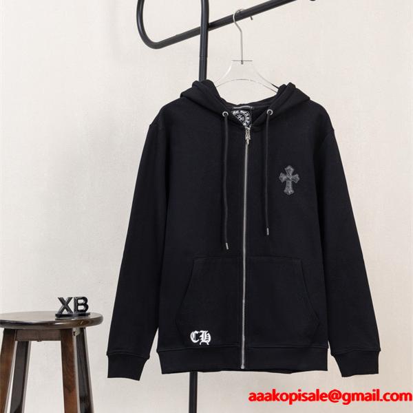 クロムハーツ コピー Chrome Hearts パーカー 新作 ブラック 十字刺繍 小ロゴ 快適フルジップ 秋冬注目トレンド