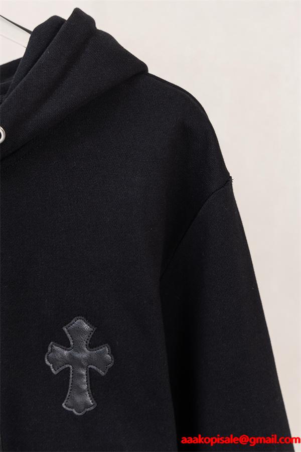 クロムハーツ コピー Chrome Hearts パーカー 新作 ブラック 十字刺繍 小ロゴ 快適フルジップ 秋冬注目トレンド