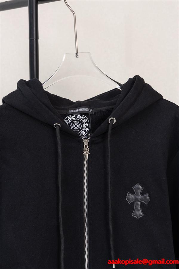 クロムハーツ コピー Chrome Hearts パーカー 新作 ブラック 十字刺繍 小ロゴ 快適フルジップ 秋冬注目トレンド
